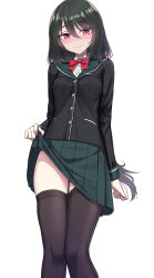 Rule 34 | 1girl, absurdres, black jacket, black thighhighs, blazer, blush, breasts, buttons, closed mouth, clothes lift, collared shirt, feet out of frame, green hair, green skirt, hair between eyes, highres, jacket, lifted by self, long hair, long sleeves, looking at viewer, original, pleated skirt, red eyes, sayano (yakob labo), shirt, simple background, skirt, skirt lift, small breasts, smile, solo, standing, thighhighs, wavy mouth, white background, white shirt, yakob labo