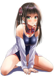 Rule 34 | 1girl, blue one-piece swimsuit, blush, bow, bowtie, breasts, brown hair, competition school swimsuit, green eyes, hair between eyes, hair ribbon, highres, kneeling, large breasts, long bangs, long hair, long sleeves, looking at viewer, one-piece swimsuit, open clothes, open shirt, original, parted lips, ribbon, school swimsuit, shirt, simple background, solo, swimsuit, white background, white shirt, yukemuriganmo