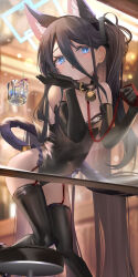 Rule 34 | 1girl, absurdly long hair, alternate costume, animal ears, aris (blue archive), bell, belt collar, black collar, black gloves, black hair, black leotard, black thighhighs, blue archive, blue eyes, blue halo, blurry, blurry background, blush, cat ears, cat tail, collar, covered navel, elbow gloves, fake animal ears, fake tail, fuyouchu, garter straps, gloves, hair between eyes, halo, highleg, highleg leotard, highres, indoors, jingle bell, leash, leotard, long hair, neck bell, one side up, open mouth, playboy bunny, rectangular halo, solo, strapless, strapless leotard, tail, thighhighs, very long hair