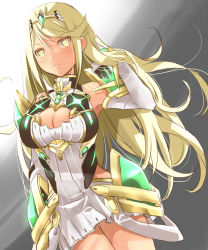 Rule 34 | 1girl, absurdres, bad id, bad pixiv id, bare legs, bare shoulders, blonde hair, breasts, chest jewel, cleavage, cleavage cutout, clothing cutout, dress, earrings, elbow gloves, gloves, highres, jewelry, large breasts, long hair, mythra (xenoblade), shiroxai, short dress, solo, swept bangs, thigh strap, tiara, very long hair, white dress, white gloves, xenoblade chronicles (series), xenoblade chronicles 2, yellow eyes