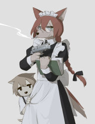 Rule 34 | 1boy, 1girl, absurdres, apron, avogado6, black eyes, book, braid, braided ponytail, brown hair, child, commentary, frills, furry, furry female, furry male, green eyes, gun, handgun, hiding, hiding behind another, highres, holding, holding book, looking at viewer, maid, maid apron, maid headdress, original, ponytail, puffy sleeves, scar, scar on face, waist apron, weapon, white background, wolf boy, wolf girl