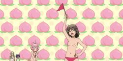 Rule 34 | 4girls, :d, ahoge, animated, animated gif, anime screenshot, bikini, blonde hair, blue hair, breasts, brown hair, flag, food, fruit, hand on own hip, holding, holding flag, lowres, multiple girls, nipples, o o, open mouth, peach, pink hair, sawanatsu kotone, smile, softenni, swimsuit, topless