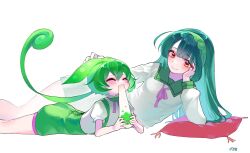 Rule 34 | 2girls, :3, blush, closed eyes, commentary request, eating, food, green hair, green shorts, green skirt, green suspenders, hairband, hand on another&#039;s head, hand on own face, highres, holding, holding food, long hair, long sleeves, looking at another, lying, marutsubo, multiple girls, on side, on stomach, orange eyes, pillow, pleated skirt, puffy short sleeves, puffy sleeves, ribbon, school uniform, serafuku, shirt, short sleeves, shorts, skirt, touhoku zunko, voiceroid, voicevox, white shirt, zunda mochi, zundamon