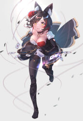 Rule 34 | 1girl, absurdres, animal ear fluff, animal ears, black footwear, black hair, boots, breasts, card, choker, cleavage, clothing cutout, collarbone, cucumbear073, flower, full body, hair flower, hair ornament, heart cutout, highres, hololive, juliet sleeves, large breasts, long sleeves, looking ahead, low neckline, multicolored hair, ookami mio, ookami mio (wonderland), playing card, puffy sleeves, running, short shorts, shorts, simple background, solo, streaked hair, swept bangs, thigh boots, virtual youtuber, white background, wolf ears, wolf girl, yellow eyes