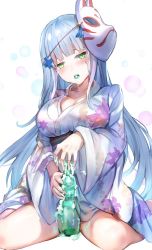 Rule 34 | 1girl, barefoot, blunt bangs, blurry, blush, bokeh, bottle, breasts, collarbone, depth of field, facial mark, floral print, fox mask, frown, girls&#039; frontline, green eyes, hair ornament, half-closed eyes, himonoata, hk416 (girls&#039; frontline), holding, japanese clothes, kimono, large breasts, long hair, looking at viewer, mask, mask on head, mouth hold, obi, ramune, sash, silver hair, simple background, sitting, solo, spill, teardrop, thighs, very long hair, wariza, white background, white kimono, wide sleeves