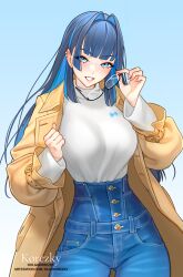 Rule 34 | 1girl, absurdres, blue eyes, blue hair, breasts, coat, denim, earrings, glasses, highres, hololive, hololive english, jeans, jewelry, large breasts, multicolored hair, olga korezky, open clothes, open coat, ouro kronii, ouro kronii (casual), pants, solo, two-tone hair, virtual youtuber