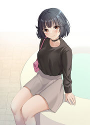 Rule 34 | 1girl, absurdres, arms at sides, bag, bang dream!, black choker, black hair, black shirt, blunt bangs, blush, breasts, brown eyes, choker, closed mouth, collarbone, commentary request, feet out of frame, from above, gradient background, grey skirt, hair ornament, handbag, high-waist skirt, highres, korean commentary, long sleeves, looking at viewer, looking up, medium breasts, miniskirt, pendant choker, pink bag, ptal, sett, shirt, short hair, shoulder bag, sitting, skirt, smile, solo, ushigome rimi, water, white background, x hair ornament