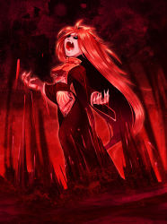 Rule 34 | 1girl, angry, bad id, bad pixiv id, black dress, black eyes, blood, blood on hands, dress, dutch angle, fangs, fingernails, gradient background, junko (touhou), long hair, looking up, no headwear, open mouth, outdoors, red background, red hair, red theme, sharp fingernails, sharp teeth, shouting, solo, standing, tabard, teeth, touhou, very long hair, z.o.b