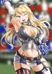 Rule 34 | 10s, 1girl, ;d, armpits, bad id, bad pixiv id, blonde hair, blue eyes, breasts, cleavage, garter straps, iowa (kancolle), kantai collection, kasugano tobari, large breasts, long hair, miniskirt, one eye closed, open mouth, pom pom (cheerleading), skirt, smile, solo, thighhighs, wink