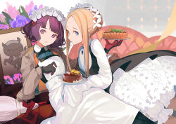 Rule 34 | 2girls, abigail williams (fate), abigail williams (festival outfit) (fate), artist request, black dress, blonde hair, blue eyes, broom, brown jacket, cake, commentary request, dress, fate/grand order, fate (series), food, hair bun, hair ornament, holding, holding plate, jacket, katsushika hokusai (fate), katsushika hokusai (festival outfit) (fate), keyhole, long hair, looking at viewer, maid, multiple girls, octopus, official alternate costume, parted bangs, plate, purple eyes, purple hair, short hair, single hair bun, sleeves past fingers, sleeves past wrists