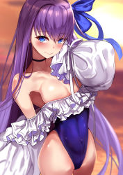 Rule 34 | 1girl, backlighting, bare shoulders, blue eyes, blue one-piece swimsuit, blue ribbon, blush, breasts, choker, closed mouth, collarbone, covered navel, fate/grand order, fate (series), frills, hair between eyes, highleg, highleg swimsuit, highres, lens flare, long hair, long sleeves, looking at viewer, meltryllis, meltryllis (fate), meltryllis (swimsuit lancer) (fate), meltryllis (swimsuit lancer) (second ascension) (fate), navel, one-piece swimsuit, puffy sleeves, purple hair, ribbon, sleeves past fingers, sleeves past wrists, small breasts, smile, solo, swimsuit, untue, very long hair