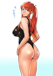 Rule 34 | 1girl, ass, blush, breasts, female focus, large breasts, leotard, long hair, looking at viewer, looking back, ojo (dfreak), original, red eyes, red hair, simple background, solo, standing, text focus, thighs, thong leotard, translated, white background