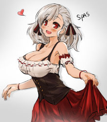 Rule 34 | 1girl, :d, bad id, bad pixiv id, bangle, bare shoulders, blush, bracelet, breasts, character name, cleavage, collarbone, corset, detached sleeves, dirndl, frills, german clothes, girls&#039; frontline, grey background, hair ribbon, heart, jewelry, large breasts, long hair, looking at viewer, open mouth, red eyes, red ribbon, red skirt, ribbon, short sleeves, silver hair, simple background, sketch, skirt, smile, solo, spas-12 (girls&#039; frontline), suru (ksoo420), tareme, upper body
