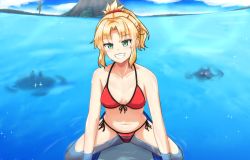 Rule 34 | 1girl, :d, ajia (otya3039), bikini, blonde hair, braid, breasts, cleavage, fate/grand order, fate (series), french braid, front-tie top, green eyes, groin, island, medium breasts, mordred (fate), mordred (fate) (all), mordred (fate/apocrypha), mordred (swimsuit rider) (fate), mordred (swimsuit rider) (first ascension) (fate), navel, open mouth, partially submerged, ponytail, red scrunchie, scrunchie, side-tie bikini bottom, smile, solo, string bikini, surfboard, sweat, swimsuit, wet