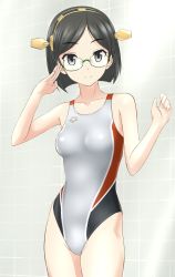 Rule 34 | 10s, 1girl, arena (company), bad id, bad pixiv id, black eyes, black hair, breasts, competition swimsuit, glasses, highres, kantai collection, kirishima (kancolle), medium breasts, one-piece swimsuit, solo, swimsuit, takafumi