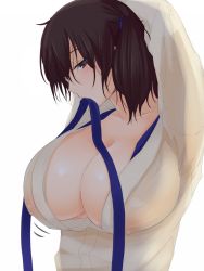 Rule 34 | 10s, 1girl, areola slip, arms behind head, arms up, biting, black hair, blue ribbon, breasts, brown eyes, cleavage, collarbone, covered erect nipples, gachou, japanese clothes, kaga (kancolle), kantai collection, large breasts, mouth hold, ribbon, ribbon in mouth, short hair, side ponytail, solo, upper body, white background