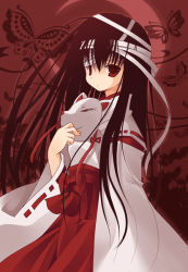 bandages black_hair bug butterfly insect japanese_clothes long_hair mask miko mizuse_kiseki moon original red_eyes solo