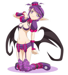 Rule 34 | 1girl, bat wings, clam curry, garter belt, hat, highres, kneeling, lamica, mini hat, mini top hat, pointy ears, purple eyes, purple hair, queen&#039;s blade, queen&#039;s blade spiral chaos, revealing clothes, short hair, solo, thighhighs, top hat, wings