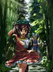 Rule 34 | 2girls, animal hat, bad id, bad pixiv id, bamboo, bamboo forest, blonde hair, brown eyes, brown hair, chen, closed eyes, fang, female focus, forest, hat, hidebo, holding, long sleeves, mob cap, multiple girls, nature, open mouth, outdoors, mob cap, puffy short sleeves, puffy sleeves, short hair, short sleeves, sunlight, tassel, thighs, touhou, wide sleeves, yakumo ran