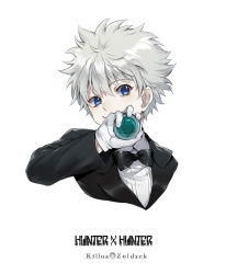 Rule 34 | 1boy, black bow, black bowtie, black hair, black jacket, blue eyes, blush, bow, bowtie, character name, closed mouth, collared shirt, copyright name, cropped torso, ekita kuro, gloves, holding, hunter x hunter, jacket, killua zoldyck, long sleeves, looking at viewer, male focus, messy hair, portrait, shirt, silver hair, simple background, smile, solo, tuxedo, white background, white gloves, white shirt, wing collar