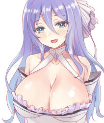 Rule 34 | 1girl, :d, arms up, bare shoulders, blue eyes, blue hair, blush, breasts, cleavage, collarbone, commentary request, constricted pupils, detached sleeves, eyelashes, forehead, frills, hair between eyes, hair ornament, halterneck, huge breasts, kohana (princessxhana), large breasts, long hair, looking at viewer, multicolored hair, open mouth, princess connect!, purple hair, shizuru (princess connect!), simple background, smile, solo, streaked hair, two-tone hair, upper body, white background