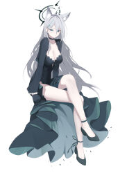 Rule 34 | 1girl, absurdres, animal ear fluff, animal ears, black choker, black dress, black footwear, black gloves, black halo, blue archive, blue eyes, breasts, choker, cleavage, closed mouth, commentary request, crossed legs, dress, full body, gloves, grey hair, hair between eyes, halo, high heels, highres, invisible chair, kuyoumi, long hair, long sleeves, looking at viewer, medium breasts, mismatched pupils, shiroko (blue archive), shiroko terror (blue archive), simple background, sitting, solo, white background, wolf ears