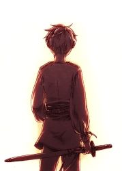 Rule 34 | 1boy, back, cowboy shot, gradient background, holding, holding sword, holding weapon, kagamine len, male focus, medieval, monochrome, ponytail, short hair, simple background, solo, sword, taichi17, vocaloid, watari taichi, weapon, white background