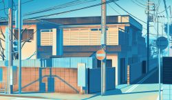 Rule 34 | bad id, bad pixiv id, blue sky, blue theme, building, commentary request, hakuurei amano, highres, house, no entry sign, no humans, original, outdoors, power lines, road, road sign, scenery, shadow, sign, sky, street, tree, utility pole, window