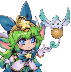 Rule 34 | 1girl, :3, animal ears, blue eyes, blush, bow, bowtie, commentary, dress, gloves, green bow, green bowtie, green skirt, hair bow, large bow, league of legends, long hair, looking at animal, lulu (league of legends), miniskirt, multicolored hair, official alternate costume, phantom ix row, simple background, skirt, smile, star (symbol), star guardian (league of legends), star guardian lulu, symbol-only commentary, two-tone hair, white background, white dress, white gloves, yordle