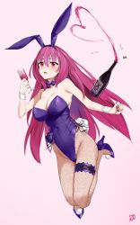 Rule 34 | 1girl, absurdres, alcohol, animal ears, bow, bowtie, breasts, cleavage, cork, cup, detached collar, drinking glass, fake animal ears, fate/grand order, fate (series), fishnet pantyhose, fishnets, flower, full body, gdd (vkejr702), hair intakes, heart, high heels, highres, large breasts, leg up, legs together, leotard, liquid, long hair, looking to the side, nail polish, official alternate costume, open mouth, pantyhose, pink background, pink eyes, playboy bunny, purple flower, purple hair, purple nails, purple rose, rabbit ears, rabbit tail, rose, scathach (fate), scathach (piercing bunny) (fate), solo, strapless, strapless leotard, tail, wine, wine glass, wrist cuffs