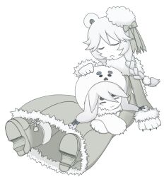 Rule 34 | 2girls, :3, = =, animal costume, animal ears, animal hands, bear, bear ears, bear paws, black claws, boots, braid, claws, closed eyes, coat, commentary, footwear ribbon, full body, funamusea, fur-trimmed coat, fur collar, fur trim, grey coat, grey footwear, grey ribbon, hand on another&#039;s head, hat, hat ribbon, ice scream, jazzarcon, long coat, long hair, long sleeves, mafuyu (funamusea), mini hat, multiple girls, on lap, open mouth, polar bear, ribbon, rocma (funamusea), seal costume, seal hat, shoe soles, simple background, sitting, sleeping, smile, twin braids, twintails, white background, white hair
