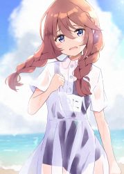 Rule 34 | 1girl, black one-piece swimsuit, blue sky, blush, braid, brown hair, cloud, cloudy sky, collared dress, commentary request, day, dress, hair between eyes, hand up, head tilt, highres, horizon, long hair, looking at viewer, low twintails, ocean, old school swimsuit, one-piece swimsuit, outdoors, parted lips, princess connect!, purple eyes, school swimsuit, see-through, short sleeves, sky, solo, swimsuit, swimsuit under clothes, twin braids, twintails, uruc, water, white dress, yuni (princess connect!)
