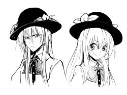 Rule 34 | 1girl, black hat, blush, bow, bowtie, buttons, closed mouth, collar, collared shirt, eyes visible through hair, food, fruit, greyscale, hair between eyes, hat, highres, hinanawi tenshi, leaf, looking to the side, monochrome, peach, puffy short sleeves, puffy sleeves, shiguma (signalmass), shirt, short sleeves, simple background, smile, solo, touhou, upper body, white background, white shirt