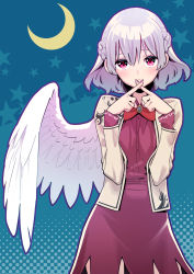 Rule 34 | 1girl, :&lt;, absurdres, angel wings, bow, bowtie, braid, brooch, contrapposto, cowboy shot, crescent moon, dress, feathered wings, french braid, grey hair, hair between eyes, hands up, highres, jacket, jewelry, kishin sagume, long sleeves, looking at viewer, moon, pink eyes, polka dot, purple dress, red bow, red bowtie, silentmonday, single wing, solo, star (symbol), touhou, wings, x fingers