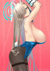 Rule 34 | 1girl, animal ears, armpits, arms up, asuna (blue archive), asuna (bunny) (blue archive), bare shoulders, blue archive, blue eyes, blue leotard, blush, bow, bowtie, breasts, detached collar, duplicate, fake animal ears, gloves, hair over one eye, hair ribbon, halo, highleg, highleg leotard, highres, large breasts, leotard, light brown hair, long hair, looking at viewer, mole, mole on breast, pantyhose, parted lips, pixel-perfect duplicate, playboy bunny, rabbit ears, rapapa, ribbon, sideboob, simple background, solo, strapless, strapless leotard, swept bangs, very long hair
