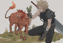 Rule 34 | 1boy, animal, armor, bandaged arm, bandages, bangle, belt, blonde hair, blue eyes, body markings, bracelet, cloud strife, earrings, facial mark, feather hair ornament, feathers, final fantasy, final fantasy vii, final fantasy vii remake, flame-tipped tail, flower, food, full body, gloves, grass, grey gloves, grey pants, grey shirt, hair ornament, holding, holding food, holding vegetable, jewelry, looking at another, male focus, multiple belts, open mouth, orange fur, outdoors, pants, red hair, red xiii, scar, scar across eye, shillo, shirt, short hair, shoulder armor, single bare shoulder, single earring, sleeveless, sleeveless turtleneck, spiked hair, squatting, suspenders, turtleneck, twitter username, vegetable