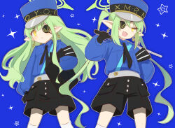 Rule 34 | 2girls, black gloves, black shorts, blue archive, blue background, blue hat, blue shirt, closed mouth, collared shirt, earrings, fang, gloves, green hair, green halo, halo, hat, highres, jewelry, long hair, long sleeves, multiple girls, open mouth, pointy ears, puffy long sleeves, puffy sleeves, shirt, shorts, simple background, skin fang, smile, socks, twintails, white socks, yellow eyes, zetaro