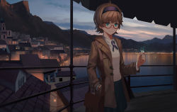 Rule 34 | 1girl, aqua eyes, bag, bay, casual, coat, collared shirt, doren, female focus, glasses, headband, little witch academia, looking at viewer, lotte jansson, messenger bag, mountains, night, outdoors, shirt, shore, short hair, shoulder bag, skirt, sky, solo, standing, town