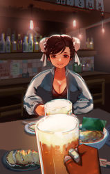 Rule 34 | 1girl, alcohol, beer, beer mug, breasts, bun cover, cameo, capcom, casual, chun-li, cleavage, cup, double bun, dumpling, fingerless gloves, food, gloves, highres, hiroshi (hiroshixhiss), indoors, jacket, jiaozi, large breasts, looking at viewer, mug, plunging neckline, pov, pov hands, restaurant, solo focus, street fighter, track jacket, zangief