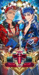 Rule 34 | 2boys, adjusting clothes, adjusting headwear, archer (fate), arm on another&#039;s shoulder, arm up, artist name, baseball cap, black gloves, blue hair, bottle, brown eyes, car, checkered flag, chest tattoo, collarbone, confetti, cowboy shot, cu chulainn (fate), cu chulainn (fate/stay night), dark-skinned male, dark skin, earrings, fate/stay night, fate (series), flag, formula racer, g0ringo, gloves, hat, headphones, headphones around neck, helmet, holding, holding bottle, holding helmet, holding tablet pc, jewelry, jumpsuit, long hair, looking at viewer, male focus, motor vehicle, multiple boys, pectoral cleavage, pectorals, ponytail, race vehicle, racecar, red eyes, red headwear, red jumpsuit, short hair, single glove, smile, sweat, tablet pc, tattoo, unzipped, white hair
