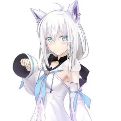 Rule 34 | 1girl, 3d, ahoge, animal ears, animated, armpits, blue eyes, blush, braid, breasts, detached sleeves, fox ears, hair ribbon, hololive, long hair, looking at viewer, official art, onda (nac nac), paw pose, ribbon, shirakami fubuki, shirakami fubuki (1st costume), side braid, silver hair, simple background, small breasts, solo, video, virtual youtuber, white background, winking (animated)