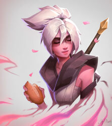 Rule 34 | 1girl, absurdres, angelmoonlight, artist name, bare shoulders, breasts, closed eyes, closed mouth, collarbone, cropped torso, food, grey background, grey hair, highres, holding, holding food, league of legends, medium breasts, medium hair, petals, riven (league of legends), shiny skin, solo, weapon, weapon on back