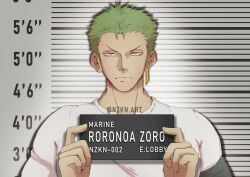 Rule 34 | 1boy, artist name, bandana, bandana around arm, barbie mugshot (meme), character name, closed mouth, commentary, earrings, english commentary, english text, green hair, height chart, height mark, highres, holding, holding sign, instagram username, jewelry, looking at viewer, male focus, meme, mugshot, nameplate, nzkn, one piece, roronoa zoro, shirt, short hair, sign, single earring, solo, white shirt