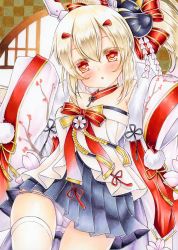 Rule 34 | 1girl, :o, ayanami (azur lane), ayanami (pulse of the new year) (azur lane), azur lane, bare shoulders, blonde hair, blue skirt, blush, breasts, commentary request, detached collar, detached sleeves, fox mask, graphite (medium), hair between eyes, hair ornament, headgear, highres, kanzashi, long sleeves, looking at viewer, mask, mask on head, medium breasts, nekofish666, panties, plaid, plaid skirt, ponytail, red eyes, shirt, sidelocks, skirt, sleeveless, sleeveless shirt, sleeves past wrists, solo, strapless, strapless shirt, thighhighs, traditional media, tsumami kanzashi, underwear, white panties, white shirt, wide sleeves, zettai ryouiki