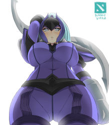 Rule 34 | 1girl, arm up, artist request, blade, blue eyes, blue hair, bodysuit, breasts, covered navel, dota (series), dota 2, gloves, high ponytail, kannovaku, large breasts, long hair, looking at viewer, looking down, luna (dota), matching hair/eyes, parted lips, purple bodysuit, simple background, solo, white background, white gloves, wide hips