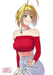 Rule 34 | 10s, 1girl, ahoge, artist name, bare shoulders, blonde hair, blush, braid, breasts, buttons, carlo montie, casual, crop top, earrings, fate/extra, fate (series), green eyes, hair bun, hair intakes, jewelry, long sleeves, looking back, medium breasts, midriff, necklace, nero claudius (fate), nero claudius (fate) (all), nero claudius (fate/extra), off-shoulder shirt, off shoulder, parted lips, pencil skirt, red shirt, shirt, simple background, single hair bun, skirt, smile, solo, white background, white skirt