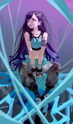 Rule 34 | 1girl, absurdres, armband, bandages, black hair, black pants, earrings, fingerless gloves, gloves, highres, jewelry, kurattes, long hair, looking to the side, navel, pants, sitting, solo, tank top, yellow eyes