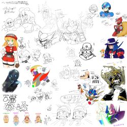 Rule 34 | !?, absurdres, axl (mega man), bass (mega man), blonde hair, brown gloves, character request, copy x (mega man), cyber elf x (mega man), data (mega man), double (mega man), energy sword, gloves, heart, helmet, highres, iris (mega man), long hair, mega man (series), mega man legends (series), multiple views, open mouth, partially colored, red eyes, robot, roll caskett (mega man), servbot (mega man), sigma (mega man), simple background, sketch, slime (creature), smile, spider (mega man), sword, translation request, weapon, white background, x (mega man), zero(z) (mega man), zero (mega man)