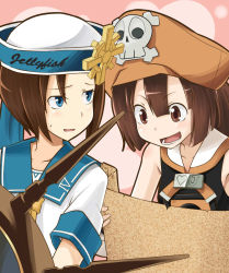 Rule 34 | 2girls, april (guilty gear), blue eyes, brown eyes, brown hair, dixie cup hat, guilty gear, guilty gear xrd, hat, hatsuka, long hair, map (object), may (guilty gear), military hat, multiple girls, pirate hat, sailor collar, sailor hat, skull and crossbones