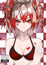 Rule 34 | 1girl, absurdres, arknights, artist name, bare shoulders, bikini, breasts, checkered background, cleavage, closed mouth, collarbone, facepaint, feather hair, fiammetta (arknights), fingernails, grey hair, heart, highres, long fingernails, looking at viewer, medium breasts, multicolored hair, nail polish, nkonya, red background, red bikini, red eyes, red hair, red nails, short hair, solo, swimsuit, two-tone background, two-tone hair, upper body, v, white background